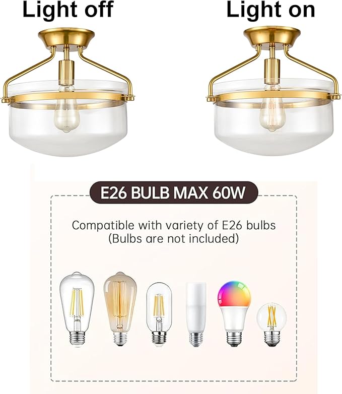 YUBOLE Mid-Century Ceiling Light Gold Semi Flush Mount Light Fixture with Clear Dome Glass Shade-13.4" Wide for Kitchen Hallway Bathroom Bedroom