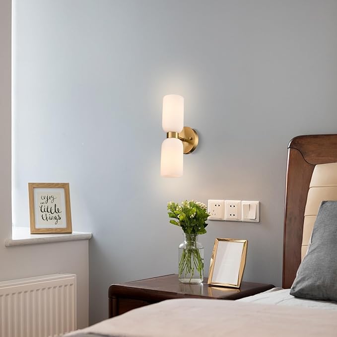 DANSEER Modern Gold Wall Sconce Set of Two, Wall Light with Milky White Glass Shades, Brushed Gold Finish for Bedroom or Vanity Light for Bathroom, Hardwired Installation
