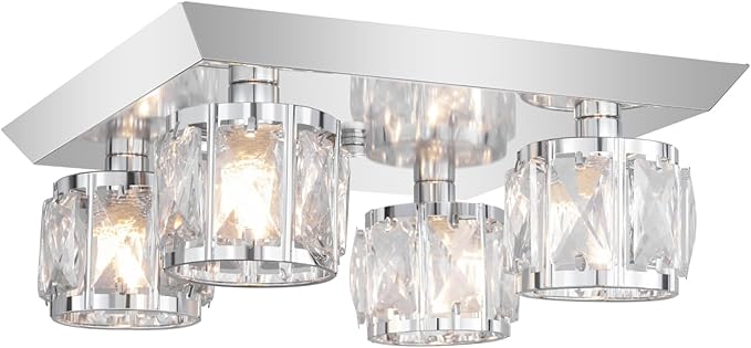 Luxury K9 Crystal Ceiling Light with Square Metal Canopy Chrome Finish, 4-Light Elegant Flush Mount Modern Chandelier for Living Room, Bedroom, Kitchen, Bathroom G9 Base Bulb Not Included