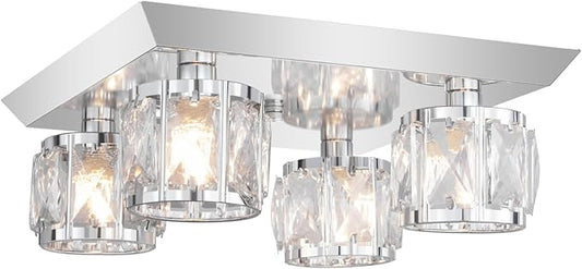 Luxury K9 Crystal Ceiling Light with Square Metal Canopy Chrome Finish, 4-Light Elegant Flush Mount Modern Chandelier for Living Room, Bedroom, Kitchen, Bathroom G9 Base Bulb Not Included