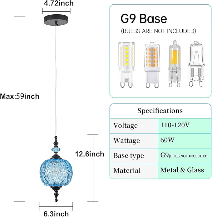Vintage Blue and Black Glass Pendant Lights Kitchen Island Light Modern Bedroom Pendant Lighting Fixtures Hanging Lamp for Kitchen Island Bedroom Dining Room Coffee Shop Hallway