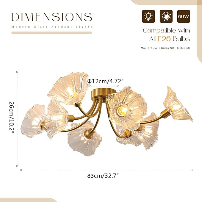 Sputnik Flush Mount Ceiling Light Fixture 8-Lights Brass Close to Ceiling Light with Clear Glass Flower Shape Mid Century Modern Ceiling Lighting Chandelier Bedroom Living Dining Room