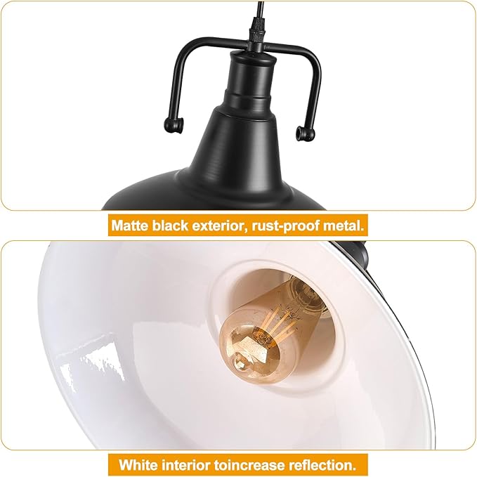 2PCS Farmhouse Pendant Light for Kitchen Island, Black Pendant Lights Fixtures with Metal Shade, Industrial Barn Hanging Lights for Hallway, Kitchen, Sink, Dining Room, Living Room（Bulb not Included）