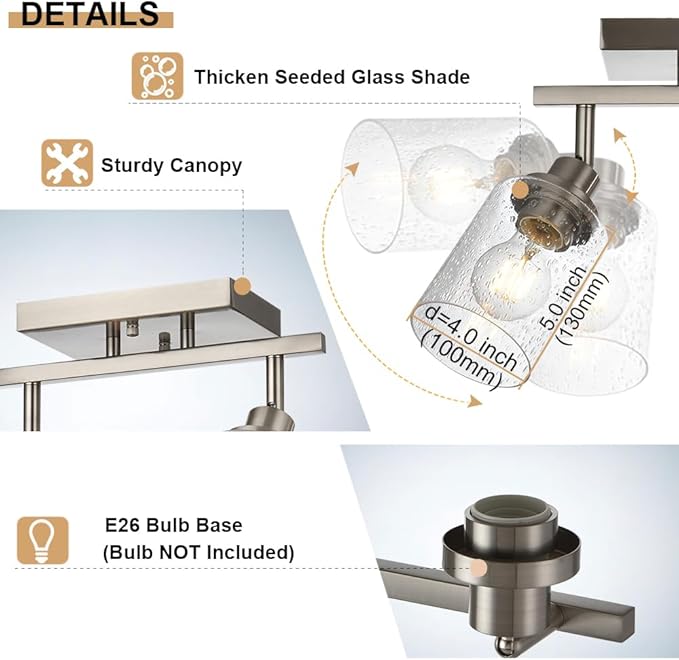 3-Light Rotatable Track Lighting Kit, Brushed Nickel Semi Flush Mount Ceiling Light Vanity Lighting Fixtures Spotlight, Seeded Glass Shades