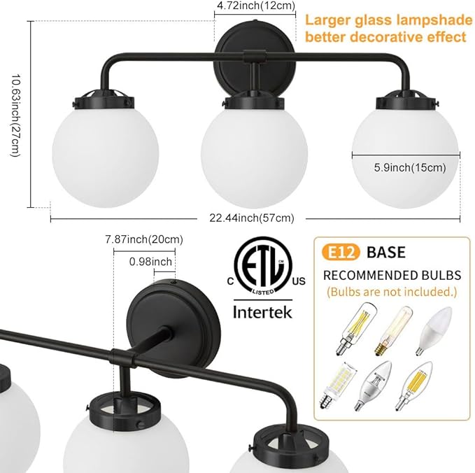 Black Bathroom Light Fixtures Over Mirror, 3-Light Modern Vanity Lighting with Milk White Glass Globe Shade Wall Sconce