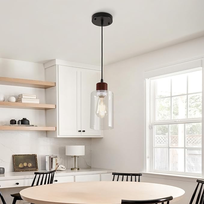 Modern Wood Pendant Lighting for Kitchen Island, Farmhouse Pendant Light Fixtures 1 Pack, Adjustable Hanging Ceiling Light with Clear Glass Shade