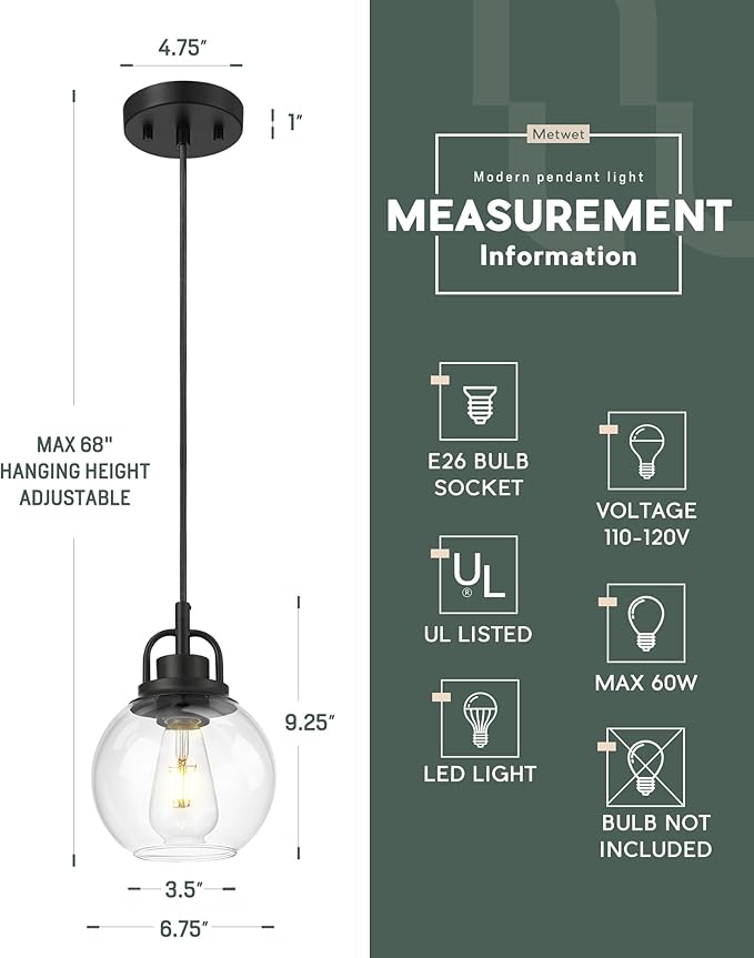 Pendant Lights Kitchen Island, 7" Matte Black Pendant Light Fixtures Over Island with Globe Clear Glass Shade, Farmhouse Hanging Lights for Dining Room Entryway, PL125-MB-1PK