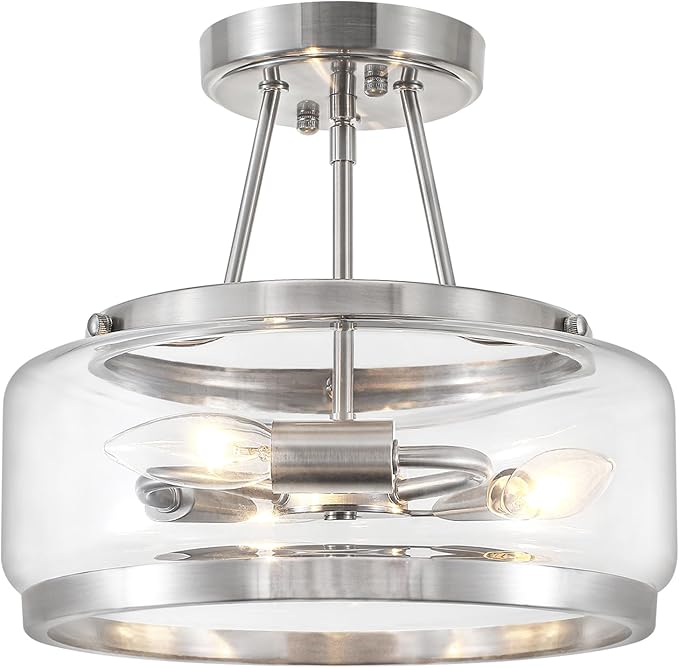Brushed Nickel Modern Glass Ceiling Light, 3-Light Drum Semi Flush Mount Ceiling Light , Entryway Light Fixture, 11.81" Ceiling Lamp for Hallway Bedroom Laundry Room Dining Room Kitchen Light Fixtures