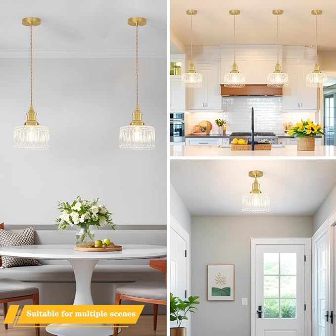 Vintage Pendant Light Set of 2, Brushed Gold Pendant Lights Kitchen Island with Clear Glass, Brass Kitchen Island Light Adjustable Hanging Light for Entrance Living Room Bathroom Dining Room Hallway