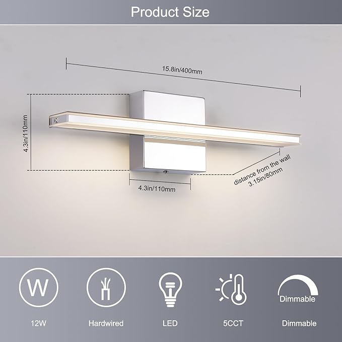 Modern Bathroom Vanity Light 15.7 inch 12W Dimmable 5CCT Led Bath Lights Fixture Over Mirror, Chrome Vanity Light for Bathroom Mirror Cabinets