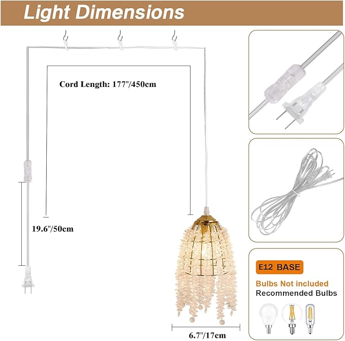 Surpars House Elegant Mini Chandelier Plug in Crystal Pendant Light,Golden (Plug in Style B)