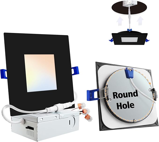 Adetu 4 inch Square Led Recessed Lighting Black,5CCT Ultra Thin Square Led Ceiling Light with Junction Box,2700K-5000K, 10W 860LM,Can-Killer Wafer Downlight,ETL and Energy Star Certified