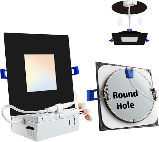 Adetu 4 inch Square Led Recessed Lighting Black,5CCT Ultra Thin Square Led Ceiling Light with Junction Box,2700K-5000K, 10W 860LM,Can-Killer Wafer Downlight,ETL and Energy Star Certified