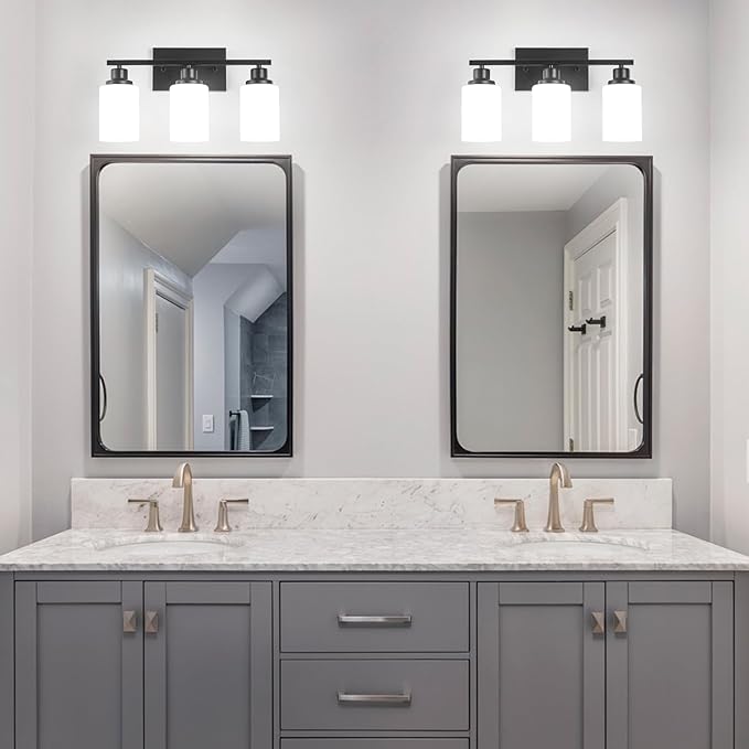 3-Light Black Bathroom Light Fixture Over Mirror,Modern Farmhouse Vanity Light,Wall Sconces with Milky White Glass Shade for Bathroom,Bedroom, Living Room,Staircase,Hallway E26