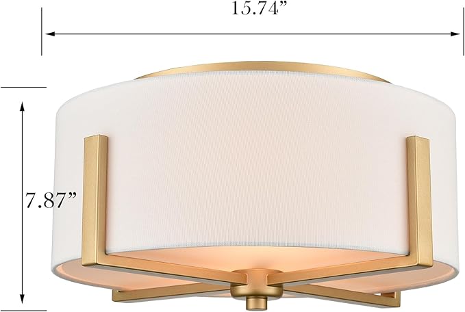 Gold Drum Ceiling Light Fixture with Linen Shade, 2-Light, 15.74"L x 15.74"W x 7.87"H, Warm White, Indoor, Modern, Living Room