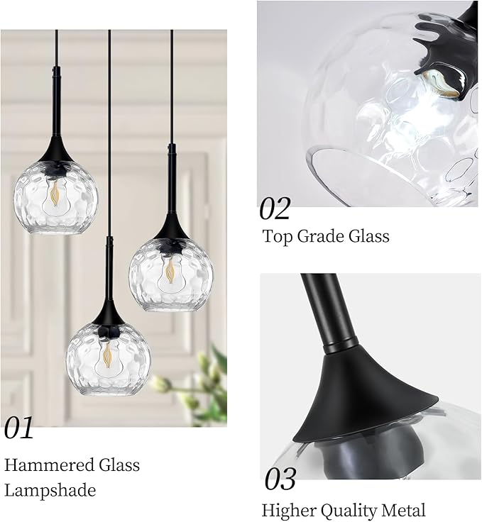 JHLBYL Glass Pendant Lights Kitchen Island: 5.91'' 3-Light Hammered Glass Pendant Light with Black Finish - Modern Minimalist Hanging Light Fixture for Kitchen Sink Dining Room - E26 Base