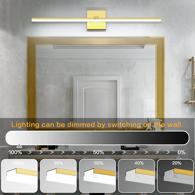 ZUZITO 40 Inch LED Vanity Light Gold Bathroom Lighting Fixtures Dimmable Modern Bathroom Lights Over Mirror 6000K Cool White