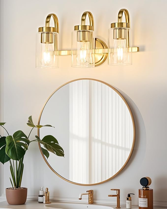 3 Light Bathroom Vanity Light, Gold Vanity Lights for Bathroom, Modern Light Fixtures Over Mirror with Clear Glass Shade, Wall Sconce Lighting for Bedroom Living Room Hallway