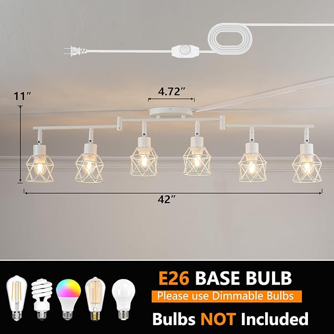 Dimmable 6 Light Plug in Ceiling Light,White Plug in Track Lighting Kit with 16.5' Cord,Flexibly Rotatable Light Head,Modern Industrial Farmhouse Style(Bulbs Not Included)