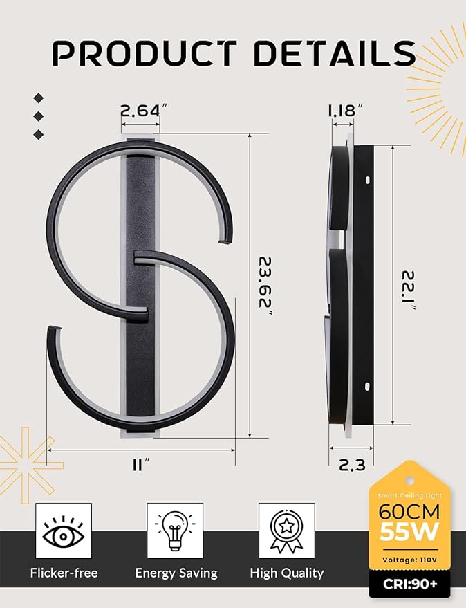 Modern Ceiling Light 23.62in 2 Rings Black Voice Control Bedroom Lights for Ceiling 3000-6000K LED Ceiling Light Fixtures Flush Mount Ceiling Lamps for Living Room Study Kitchen 55W