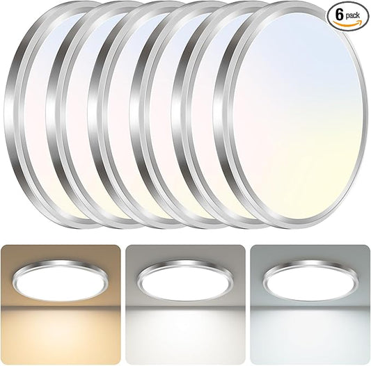libtit 6Pack Led Ceiling Light 13Inch, 24W 2400Lm Bright Light Fixture Brushed Nickel, Adjustable 3000K/4500K/6000K, Modern Slim Flat Ceiling Lamp for Living Room Bedroom Hallway