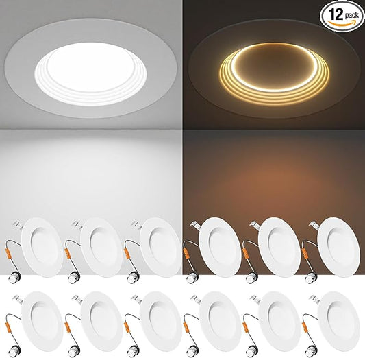 Ensenior 5/6 Inch 5CCT LED Can Lights with Night Light 12 Pack, Retrofit Led Recessed Lighting, Baffle Trim, Dimmable, 9W=110W, 1000LM, IC Rated - FCC