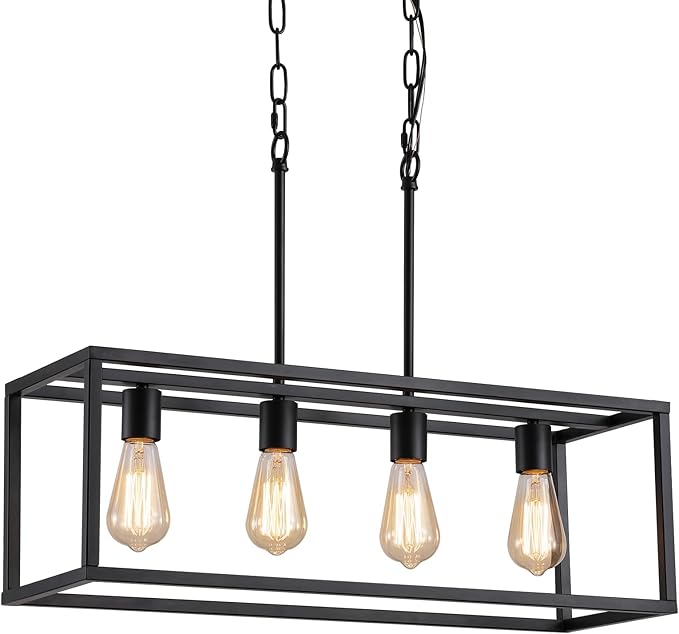 AMZASA Black Rectangle Island Lighting Rectangular Modern Industrial Chandelier 4 Lights Linear Vintage Cage Light Fixtures for Kitchen Dining Room (Height Adjustable)
