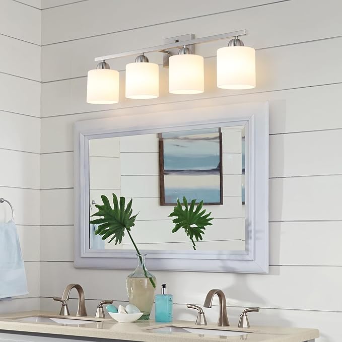 Mecgirn Stainless Steel Milk Glass Vanity Lights for Bathroom, 4 Light Brushed Nickel Bathroom Light Fixtures Over Mirror, Ceramic E26 Sockets Wall Mounted