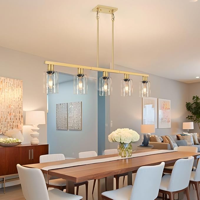 5-Light Kitchen Island Lighting Gold Adjustable Chandelier, Farmhouse Dining Room Light Fixtures Over Table, Height Adjustable Linear Pendant Light Fixture with Clear Glass Shade for Kitchen