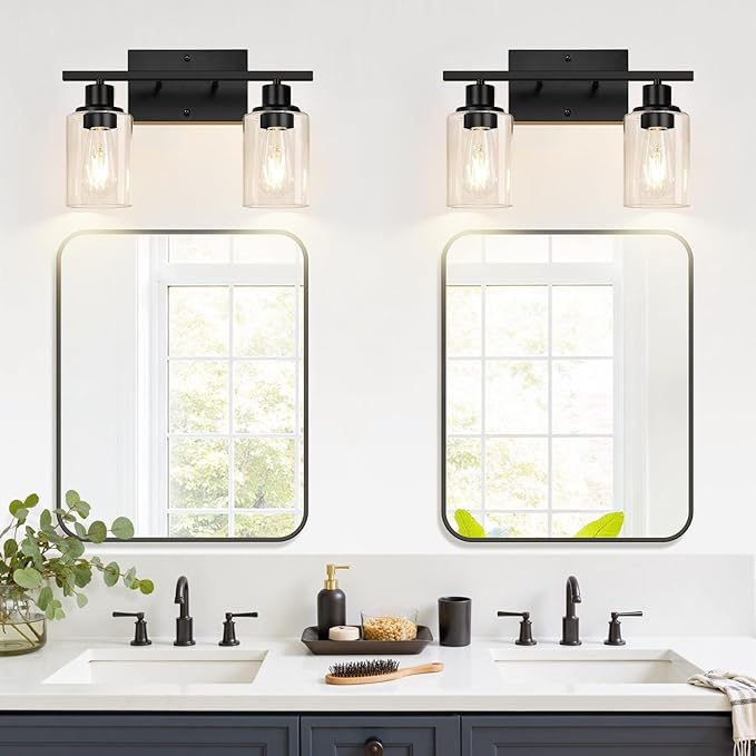 Indoi Matte Black 2-Light Bathroom Vanity Light with Clear Glass Shades — Modern Bathroom Light Fixtures & Vanity Lights for Mirror