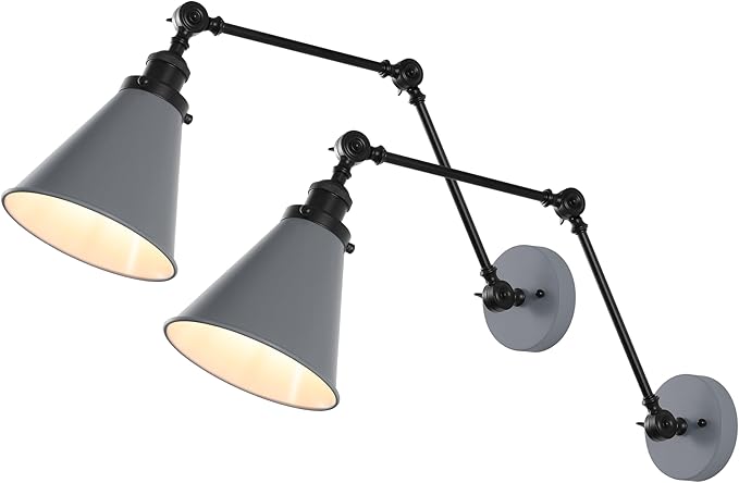 JONATHAN Y 7" Gray/Black Classic Industrial Metal Adjustable Arm LED Wall Sconce for Bedside Reading, Farmhouse Swing Arm Wall Lamp with Metal Shade, Hardwired (JYL7462H-SET2)