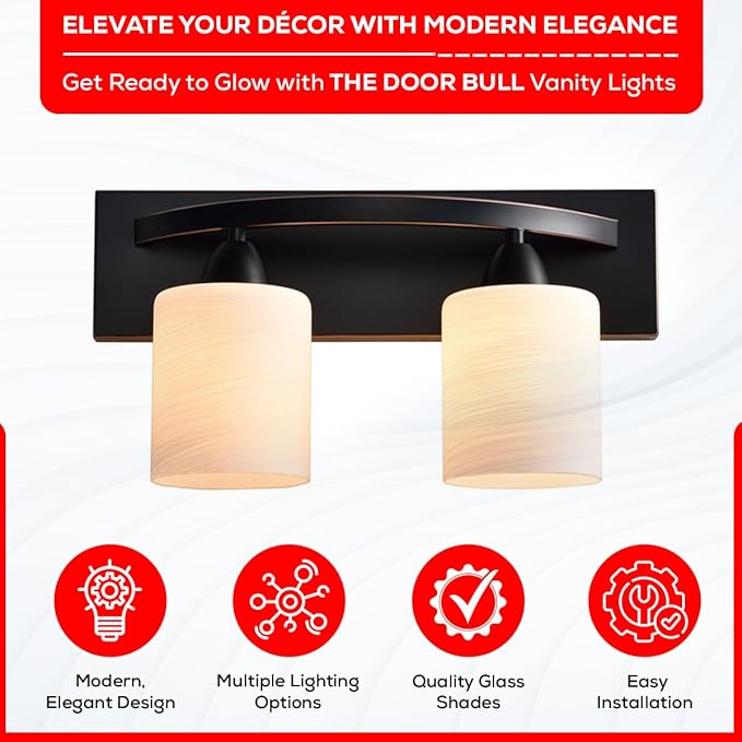 The Door Bull Modern 2-Light Bathroom Vanity Light – Oil Rubbed Bronze Fixture with Frosted Glass Shades, E26 Socket – Wall Sconce for Mirror, Bathroom, Kitchen, Hallway, Entryway