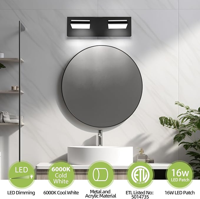 OKELI 2 Light Bathroom Vanity Light Matte Black Modern 16W LED Dimmable Vanity Light Over Mirror 350° Adjustable Lamp Head Cold White 6000K ETL Listed 15.5Inch