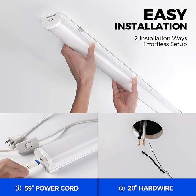 Barrina LED Shop Lights 4FT, 5000K Daylight White, 45W, 5000LM, Hidden Wiring, Linkable 4FT Light Fixture Cord with ON/Off, Frosted Cover, LED Ceiling Light for Workshop, Garage, Kitchen, 6 Packs