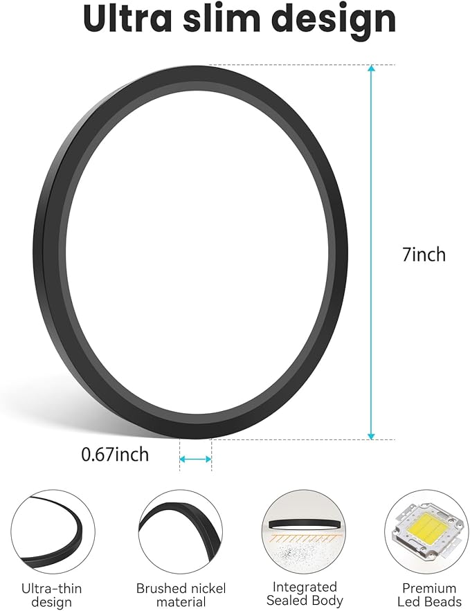 libtit 7 inch Flush Mount LED Ceiling Light Fixture, 3000K-6500K Adjustable, 15W 1500lm Black Satin Round Ceiling Lamp for Bathroom Hallway Kitchen Bedroom, 6 Pack