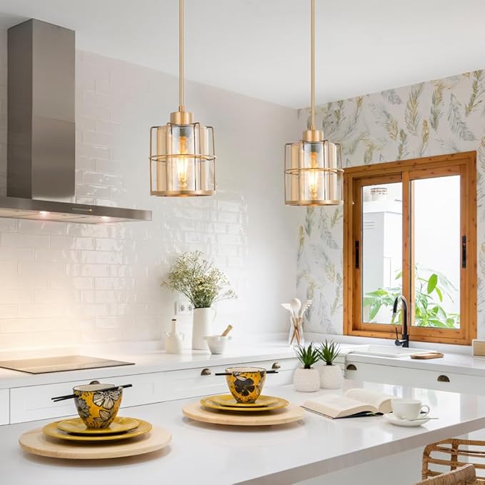 Farmhouse Brass Pendant Light Fixtures with Amber Glass, Gold Kitchen Island Set of 2 with Adjustable Rod, Modern Cage Bathroom Pendant Lights Hanging Light for Sink Dining Room Hallway