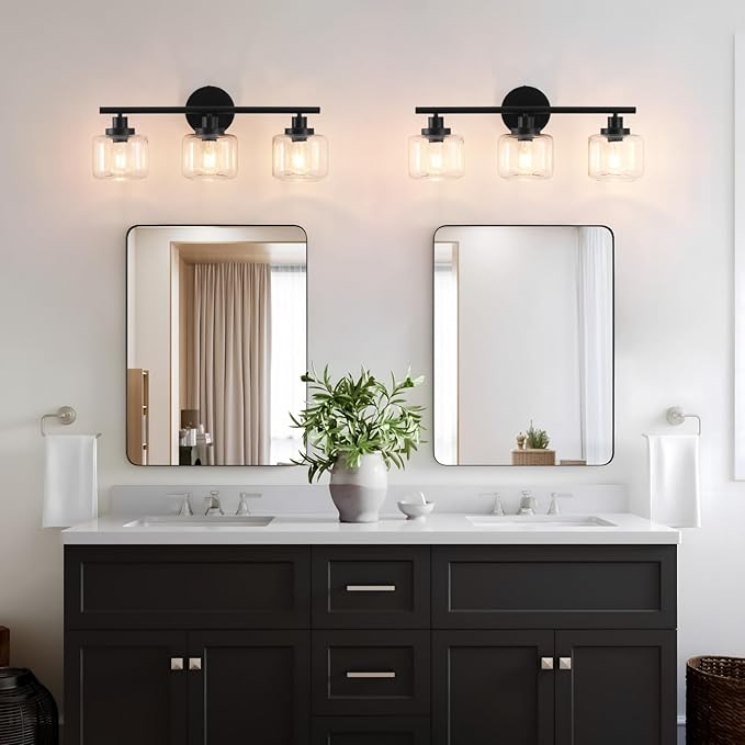 2025 Upgraded Black Bathroom Vanity Light 3-Lights Bathroom Light Fixtures Over Mirror with Glass Shade 25 inch Wall Sconce Lighting Bath(Exclude E26 Bulb)