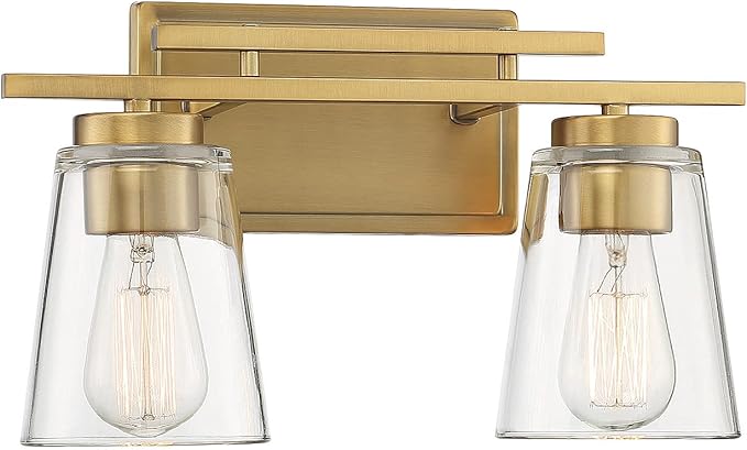 Savoy Essentials 8-1020-2-322 Calhoun Modern Clear Glass Bathroom Vanity Wall Light, 2-Light 120 Total Watts, 9" H x 15" W, Warm Brass