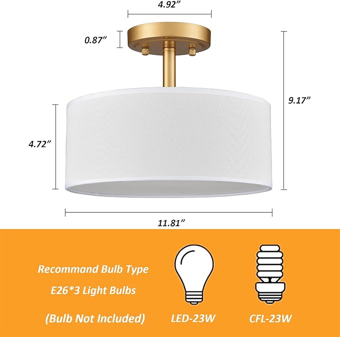 Modern Light Fixture Ceiling Mount Flush Mount Drum Ceiling Light Fixture 3 Light Gold Semi Flush Mount Ceiling Light for Hallway Bedroom Entryway Foyer Office