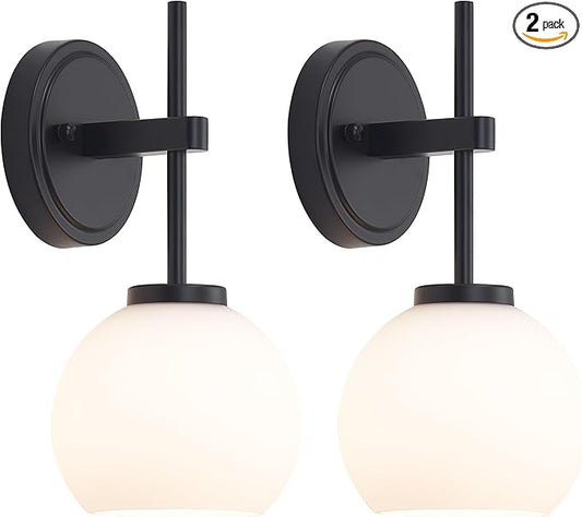 SANTOSTOCK Black Wireless Rechargeable Wall Sconces with Remote Control, Battery Operated Wall Sconce Set of 2, LED Dimmable Wall Lights with Opal White Glass Shade, 12 Colors RGB & 3 CCT Bulb