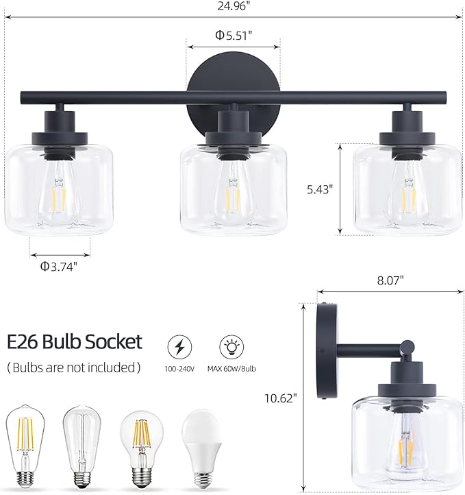 2025 Upgraded Black Bathroom Vanity Light 3-Lights Bathroom Light Fixtures Over Mirror with Glass Shade 25 inch Wall Sconce Lighting Bath(Exclude E26 Bulb)