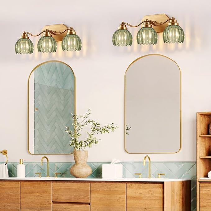 VbiTmn Gold Bathroom Light Fixtures, 3 Light Vintage Vanity Lights, Antique Brass Brushed Gold Finish, Crystal Green Glass Shade, Mid Century Wall Sconces for Bedroom, Living Room, Hallway