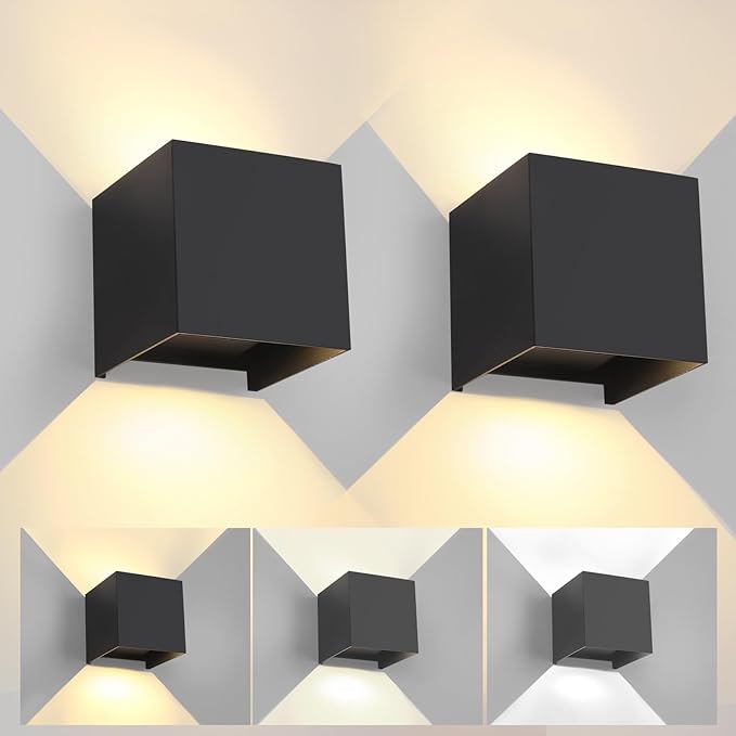 2 Pack LED 20W Outdoor Wall Lights Exterior/Interior 3 Colors Adjustable Wall Sconce Up and Down Light Porch Lights IP65 Waterproof Exterior Wall Sconce Modern Outdoor Lighting Square Aluminum Black
