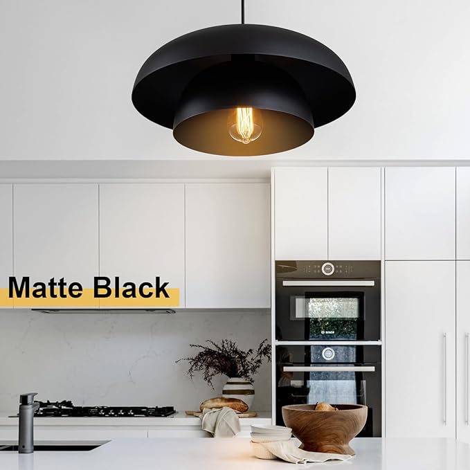 Lingkai 15.7" Black Modern Pendant Light Fixtures, Kitchen Lighting Fixtures Ceiling Hanging Light Fixtures, Farmhouse Large Pendant Light for Kitchen Island Lighting Hanging Lamp