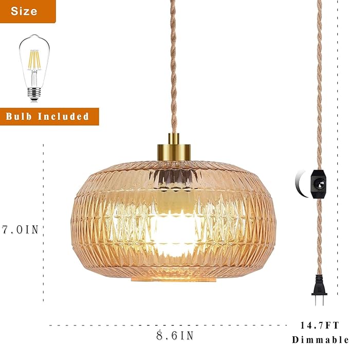 QIYIZM Plug in Pendant Light Hanging Lights with in Cord Mid Century Modern Gold Hanging Lamp Flower Glass Amber Vintage Dimmable Chandelier Ceiling Fixture for Living Room,Kitchen,Boho