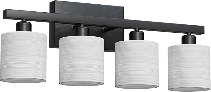 PARTPHONER Bathroom Light Fixtures, Bathroom Lighting Fixtures Over Mirror, Interior Classic Vanity Lights, Modern Vanity Light with Textured White Glass Shade, Matte Black, 4-Light