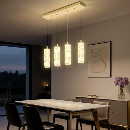 ykolupty Rectangle Crystal Pendant Lights LED Dimmable Pendant Ceiling Lighting Modern Linear Chandelier for Dining Room Hallway Gold