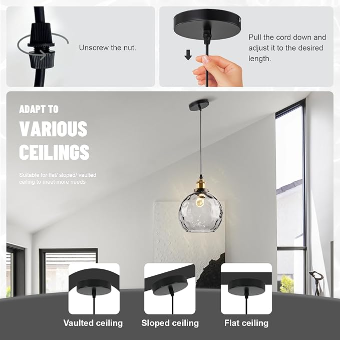 Smoke Gray Glass Pendant Light, Vintage Pendant Lights Kitchen Island Dining Room Pendant Lighting with Hammered Globe Shade, Industrial Hanging Light 1-Light Chandelier for Bedroom Home Bar