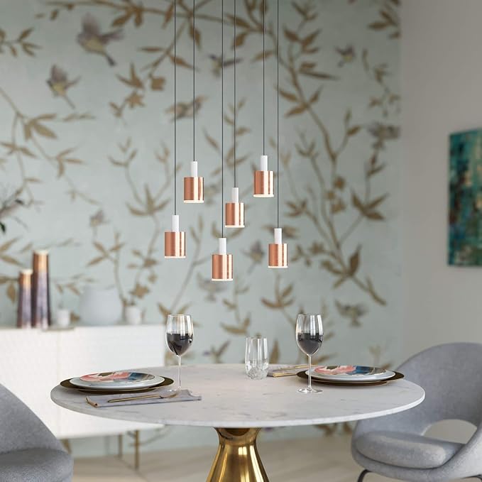 Virgo 6 Mini Pendant Lighting White-Copper - LED Hanging Light Fixture for Kitchen Island, Bar, Foyer - Cluster Pendants - Dimmable, Adjustable Wire, Lamp Bulb Included