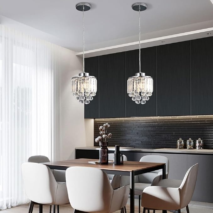 TFCFL 2 Pcs Chrome Crystal Ceiling Pendant Light, Crystal Beads Ceiling Hanging Light Fixture Pendant Light Lamp Chandelier Adjustable Height for Kitchen Island Dining Room Dining Hall